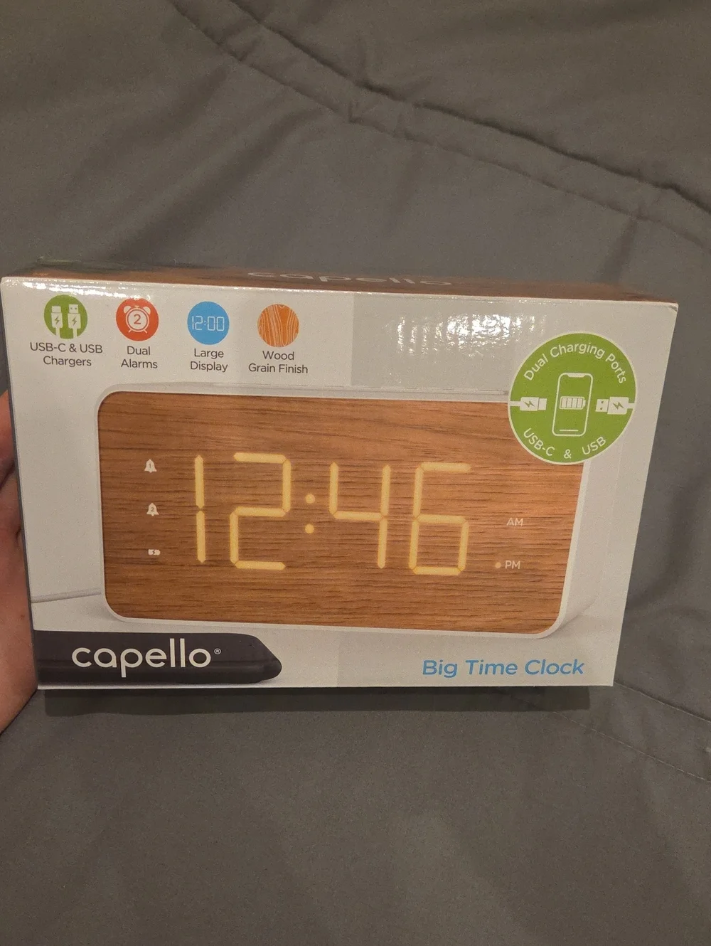 Capello Big Time Clock Wood Grain LED Alarm Clock with Dual USB Charging (Brown)